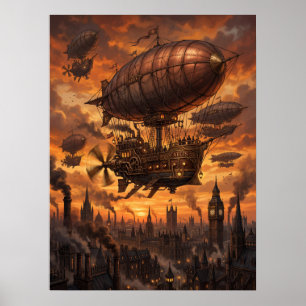 Steampunk Airship Fleet Victorian City Sunset  Poster