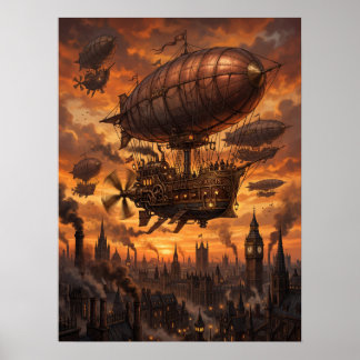 Steampunk Airship Fleet Victorian City Sunset Poster