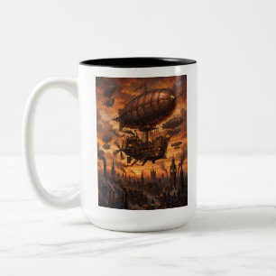 Steampunk Airship Fleet Victorian City Sunset Two-Tone Coffee Mug