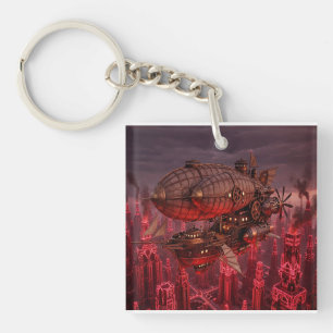 Steampunk Airship Flying Above Town Key Ring