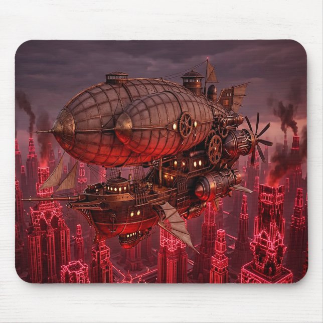 Steampunk Airship Flying Above Town Mouse Mat (Front)