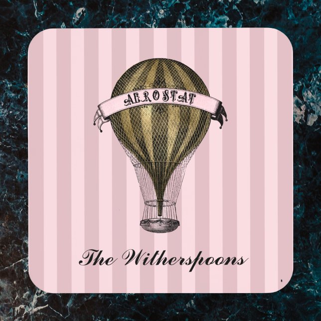 Steampunk Airship on Vintage Pink Stripes Monogram Coaster (Creator Uploaded)