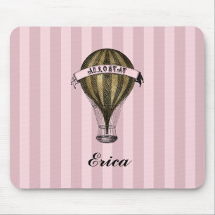 Steampunk Airship on Vintage Pink Stripes Monogram Mouse Mat