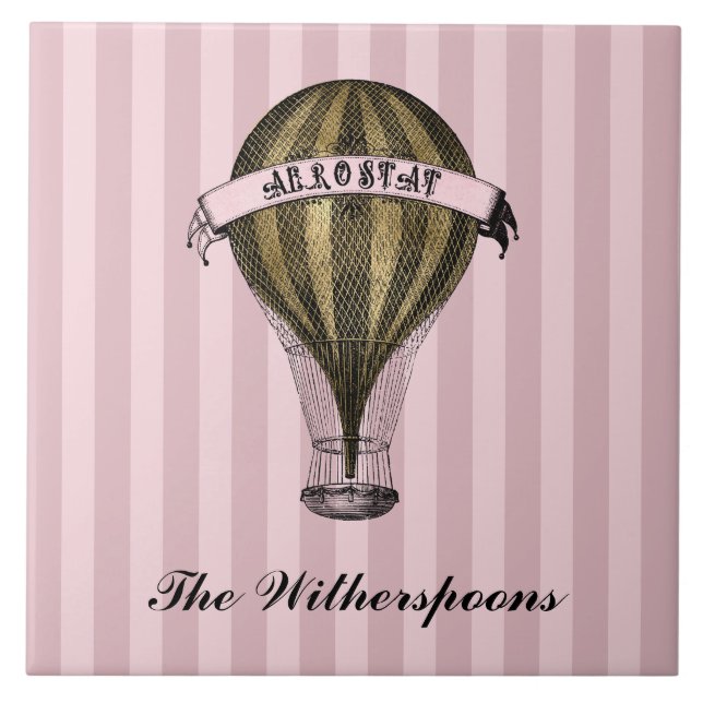 Steampunk Airship on Vintage Pink Stripes Monogram Tile (Front)