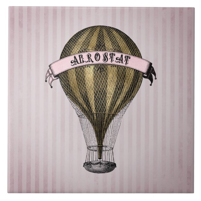 Steampunk Airship on Vintage Pink Stripes Tile (Front)