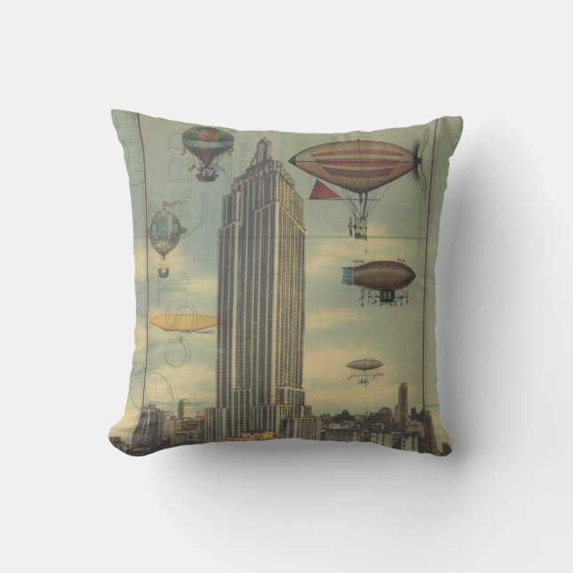 Steampunk Airships in the Sky over New York City Cushion (Front)