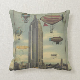 Steampunk Airships in the Sky over New York City Cushion