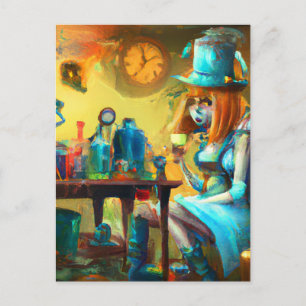 Steampunk Alice Creating Potions in an Alchemy Lab Postcard