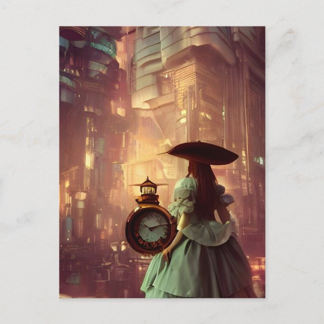 Steampunk Alice in the City of Retrofuturism  Postcard (Front)