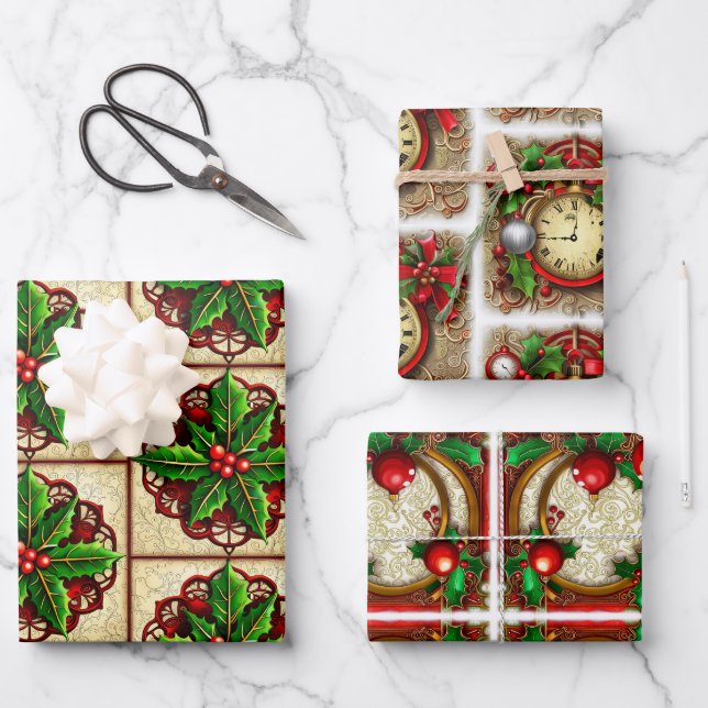 Steampunk and Holly Wrapping Paper Sheet (Front)