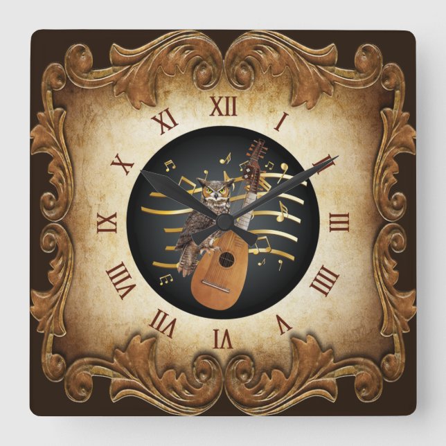 Steampunk Angélique ~ Great Horned Owl ~  Square Wall Clock (Front)