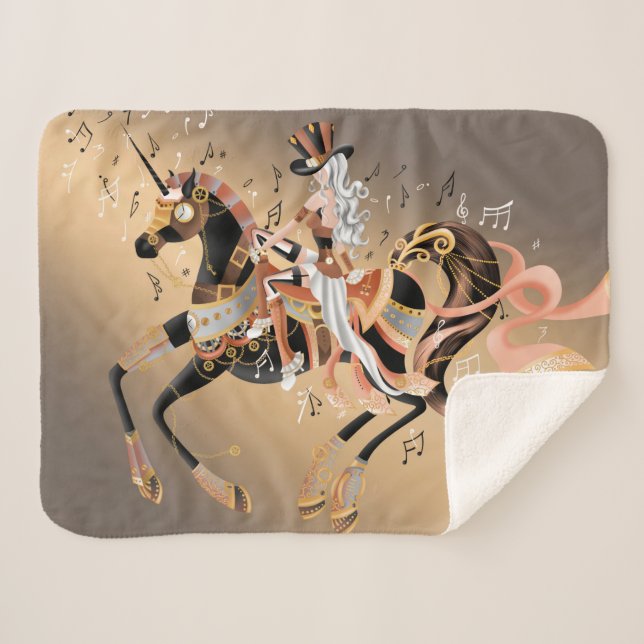 Steampunk Art Lady on Mechanical Horse  Sherpa Blanket (Front (Horizontal))