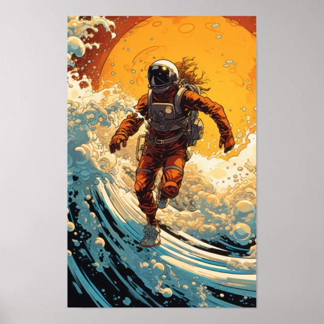 Steampunk Astronaut Surfing in Sci-Fi Surrealism P Poster (Front)