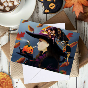 Steampunk Autumn Witch Pumpkin Clockwork Hat Card