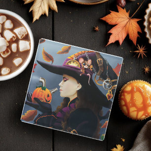 Steampunk Autumn Witch Pumpkin Clockwork Hat Glass Coaster