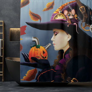 Steampunk Autumn Witch Pumpkin Clockwork Hat Shower Curtain