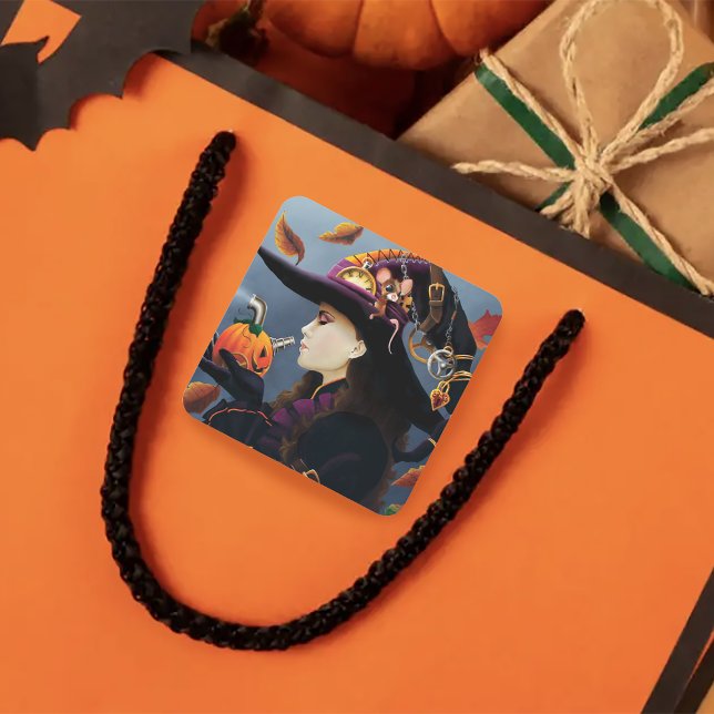 Steampunk Autumn Witch Pumpkin Clockwork Hat Square Sticker (Creator Uploaded)