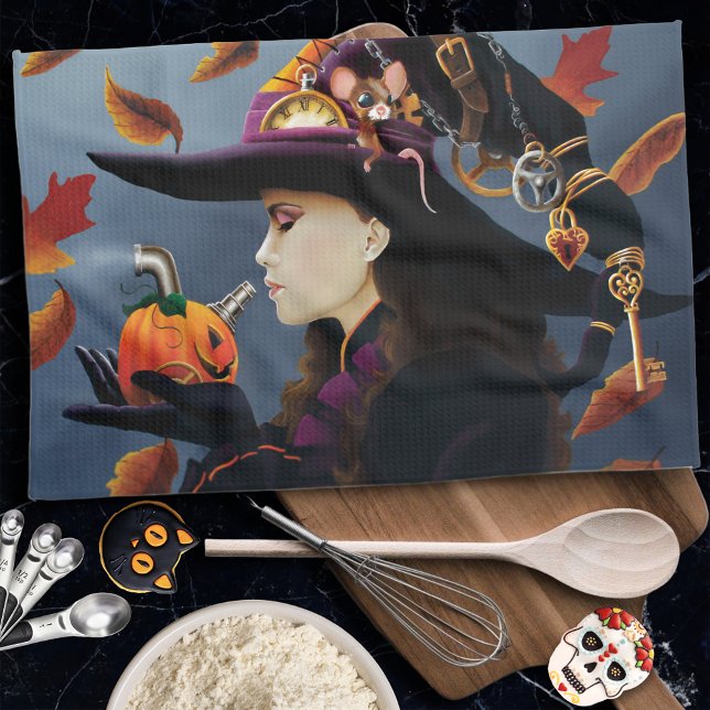 Steampunk Autumn Witch Pumpkin Clockwork Hat Tea Towel (Creator Uploaded)