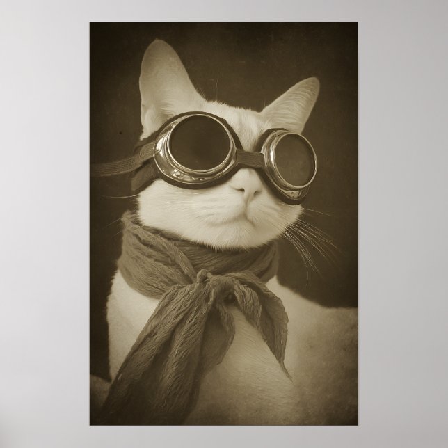 Steampunk Aviator Cat Sepia Portrait Poster (Front)