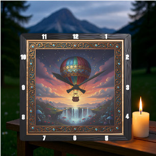 Steampunk Balloon Fantasy Waterfall Square Wall Clock