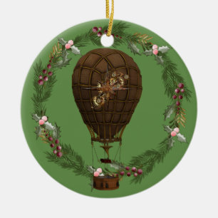Steampunk Balloon & Wreath Customisable Ceramic Tree Decoration