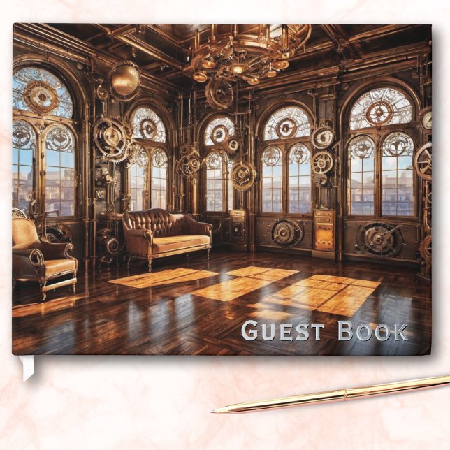 Steampunk Ballroom Elegant Retro Cool Guest Book (An elegant guest book in Steampunk style, with cover picture of a retrofuturistic ballroom)