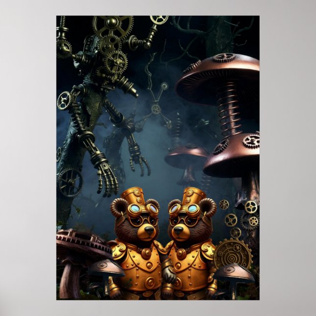 Steampunk Bears in Clockwork Forest Fantasy Art Poster (Front)