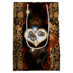 Steampunk, beautiful heart with gears and clocks medium gift bag