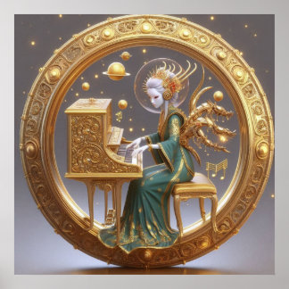 Steampunk Beautiful Space Alien Playing Piano Poster