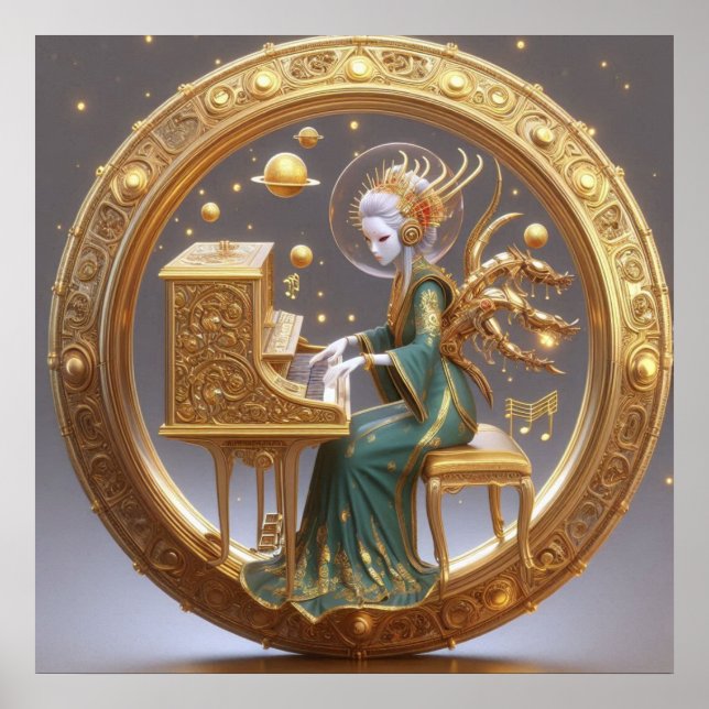 Steampunk Beautiful Space Alien Playing Piano Poster (Front)