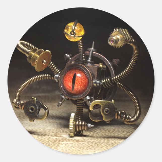 Steampunk Beholder Robot Classic Round Sticker (Front)