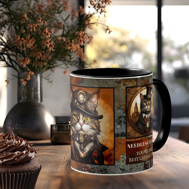 Steampunk Best Cat Dad Ever Coffee Mug (Mug featuring funny steampunk cats or photos of your own cats framed by a metallic grunge design)