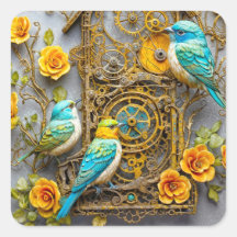 Steampunk birds with golden roses