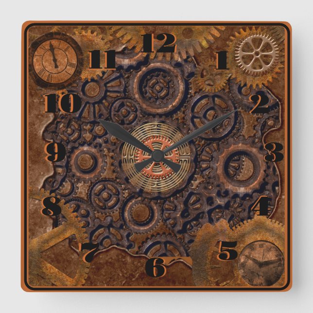 Steampunk Black, Brass, Brown Square Wall Clock (Front)
