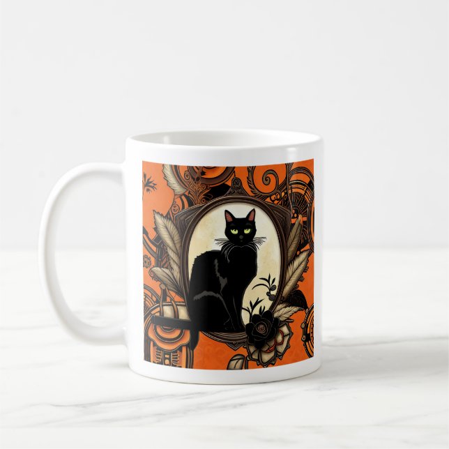 Steampunk Black Cat Halloween Coffee Mug (Left)