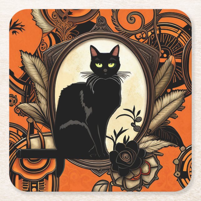 Steampunk Black Cat Halloween Square Paper Coaster (Front)