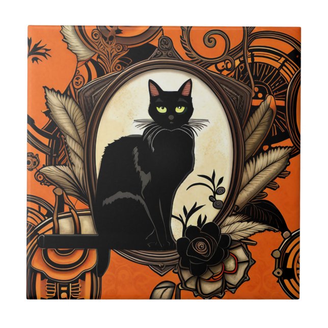 Steampunk Black Cat Halloween Tile (Front)