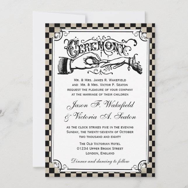 Steampunk Black Chequerboard Wedding Invites (Front)