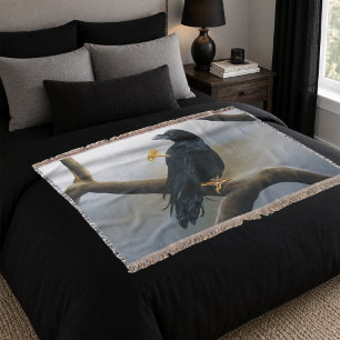 Steampunk Black Raven Wind-Up Key Mechanical Throw Blanket