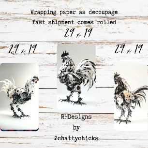 Steampunk Black White Roosters Decoupage  Wrapping Paper Sheet