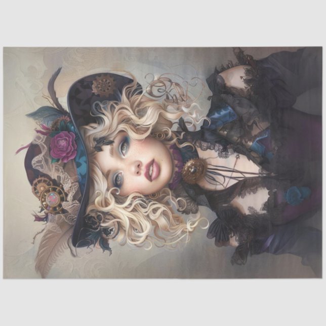 Steampunk Blonde-Lady Cogsworth Decoupage  Tissue Paper (Front)
