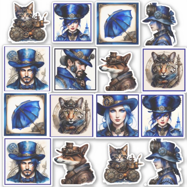 Steampunk Blue and Gold Watercolor Vinyl Stickers  (Front)