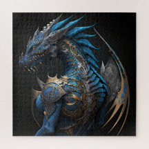 Steampunk blue dragon with metal wings AI art 