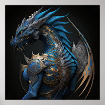 Steampunk blue dragon with metal wings AI art 