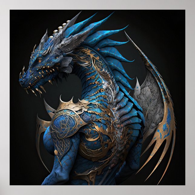 Steampunk blue dragon with metal wings AI art  Poster (Front)