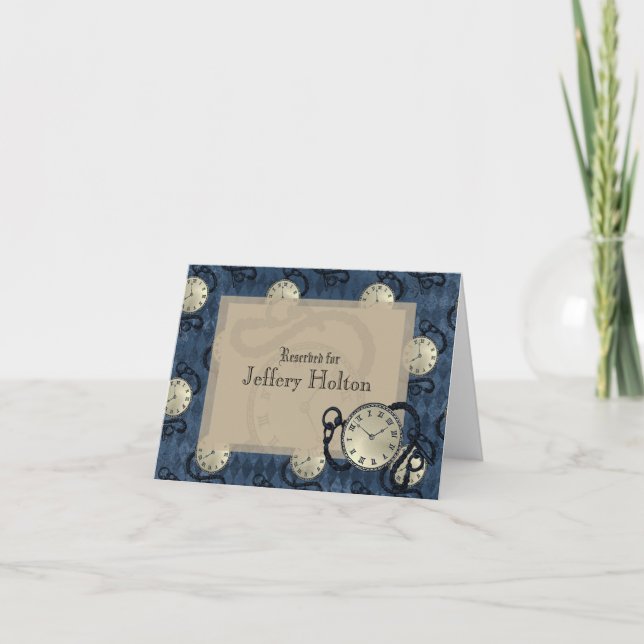 Steampunk blue gothic clocks & skulls  thank you c card (Front)