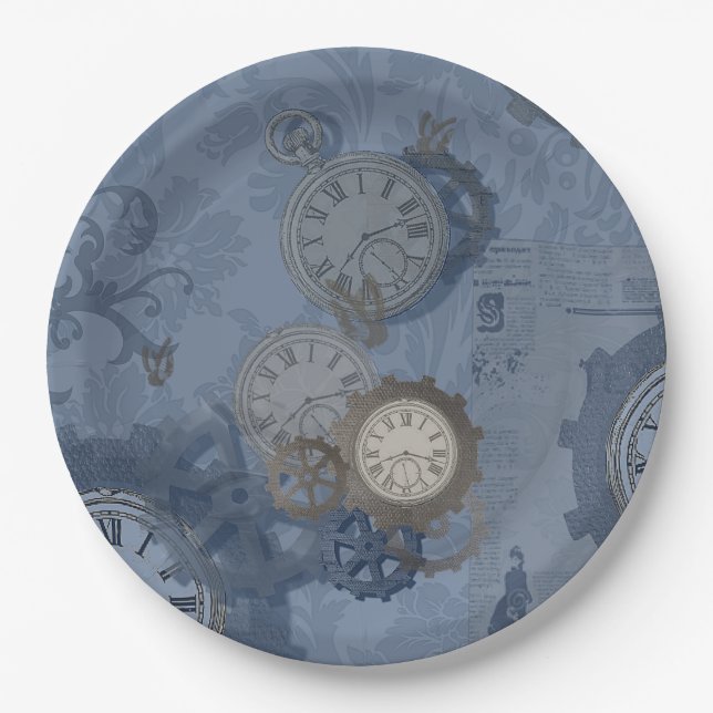 Steampunk blue print paper plate (Front)