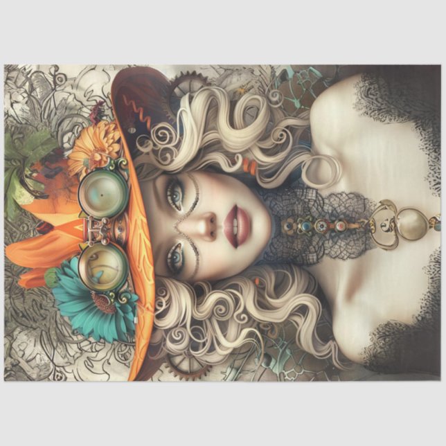 Steampunk Bohemian Style Lady Decoupage Tissue Paper (Front)