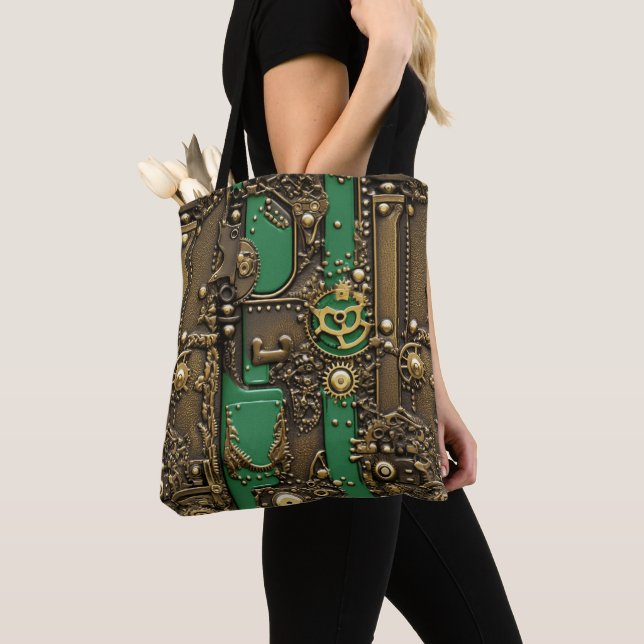Steampunk Book Industrial Green Tote Bag (Close Up)