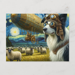 Steampunk Border Collie With Sheep  Postcard